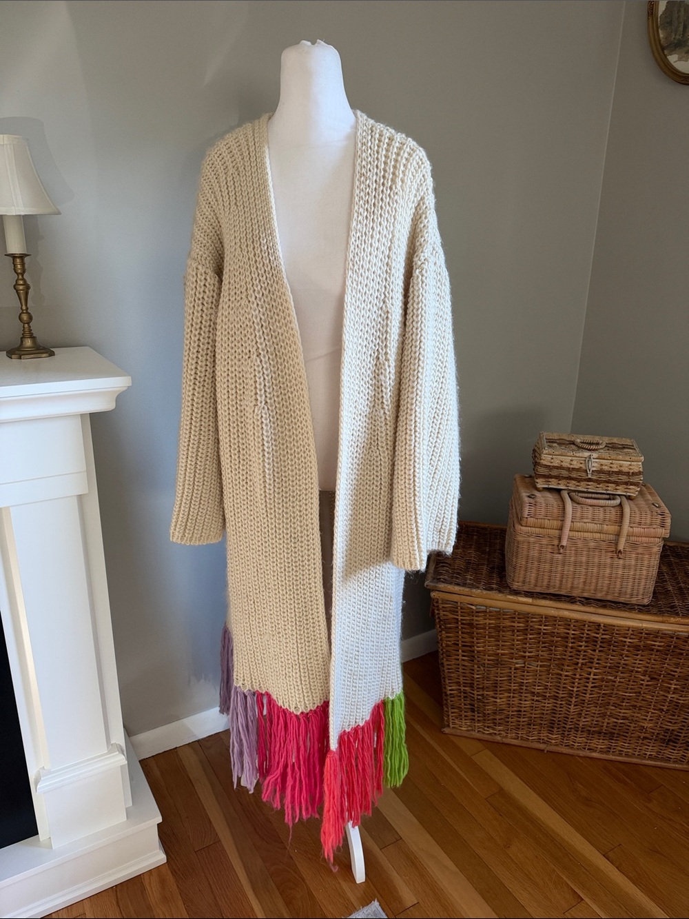 Anthropologie Long Chunky Knit Fringe Duster Cardigan Sweater, One Size